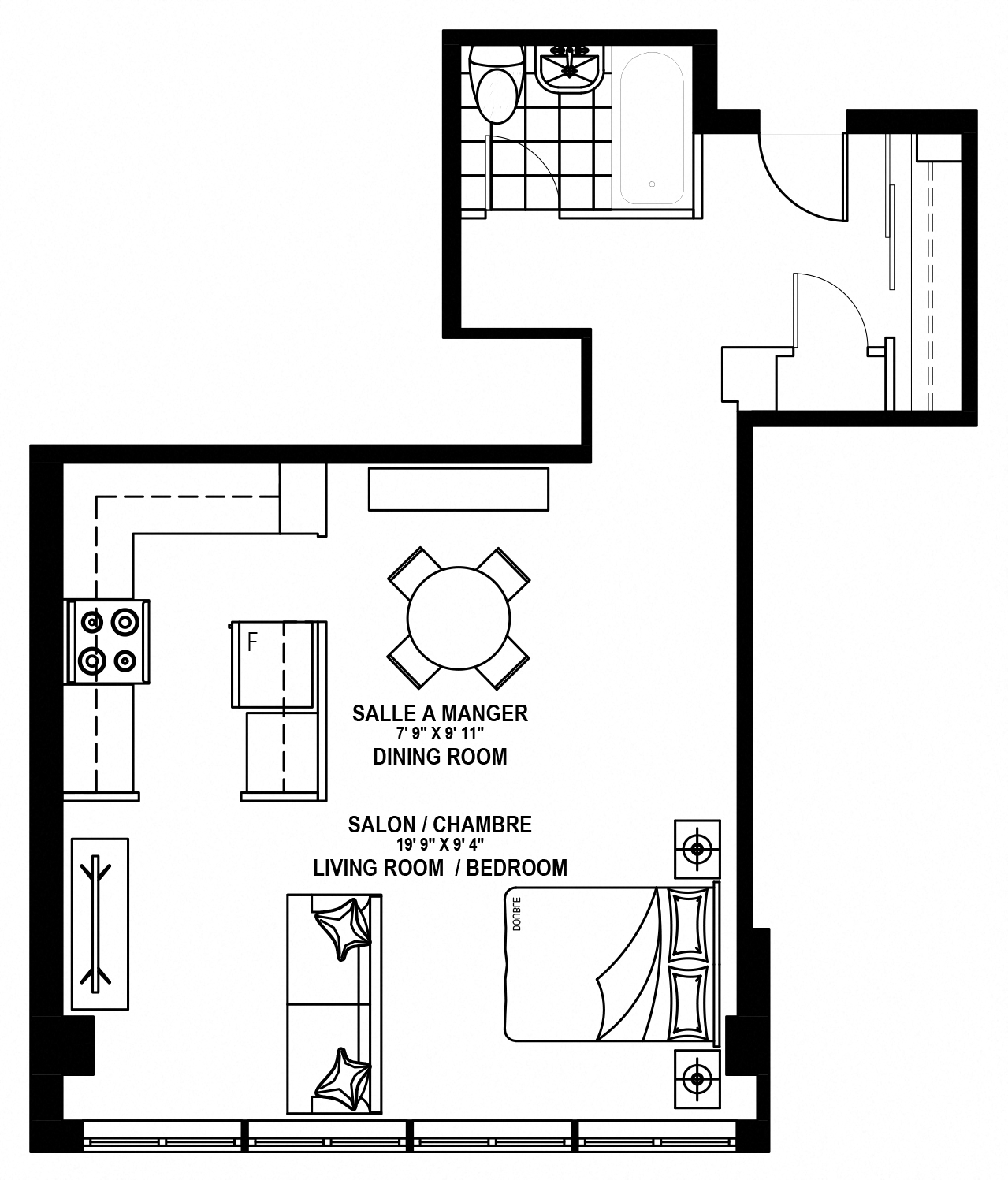 Floor plan for studio, 1 bath, 578 sqft